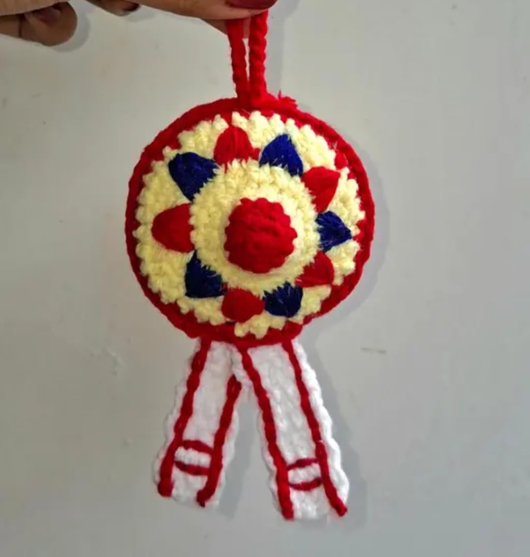 Handmade Crochet Rosette Wall Hanging, Red, White and Blue, Yarn, Floral Round Medallion with Ribbon Tails
