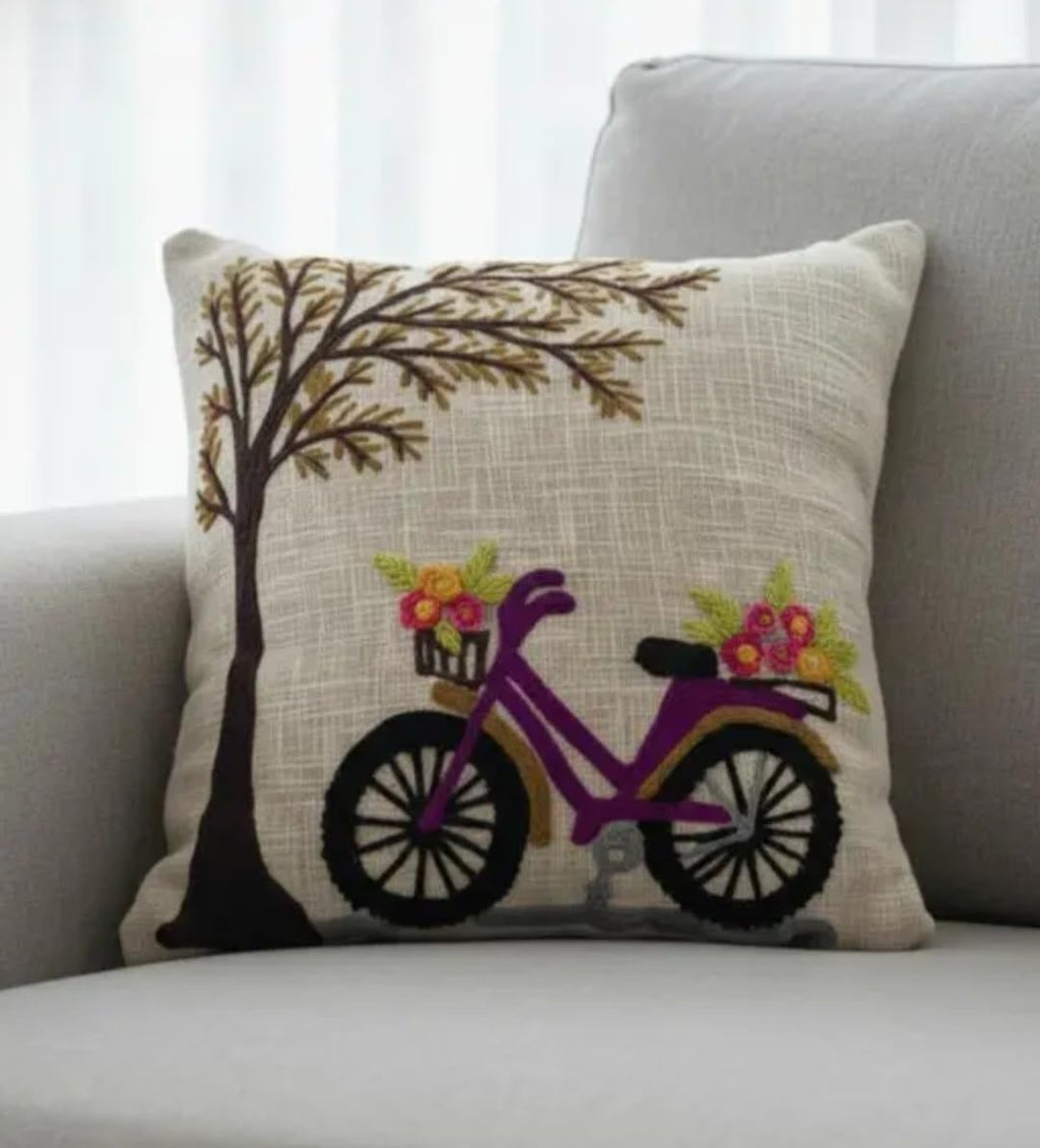 Handcrafted Embroidered Throw Pillow Cover, Bicycle with Flowers and Tree Design, Beige Linen, Decorative Cushion Cover