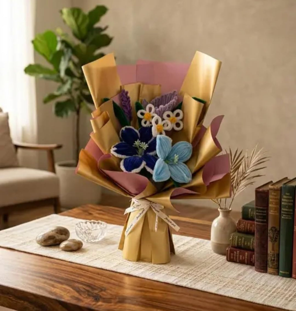 Handmade Crochet Flower Bouquet, Blue and Purple Mixed Floral Arrangement, Gift Wrap