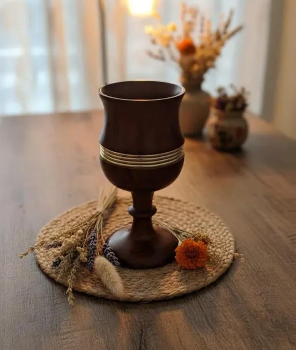 Handcrafted Wooden Goblet Set of 2, Brown with Gold Brass Band Accent, Decorative Wine Cup