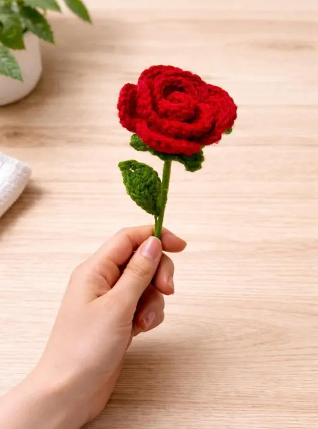 Handmade Crochet Red Rose, Single Stem with Green Leaves, Decorative Flower