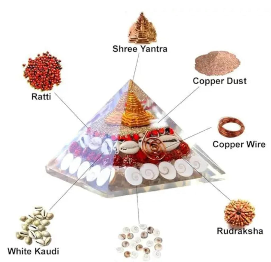 Orgone Pyramid Crystal Healing Decor, Gold Pagoda Design with White Shells, Red Crystals, Resin Art Sculpture
