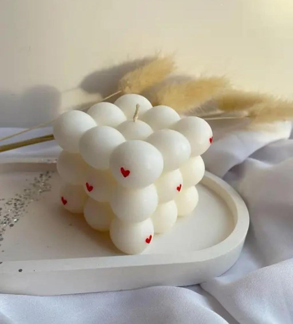 Bubble Cube Candle, White with Red Heart Details, Set of 2, Aesthetic Home Decor