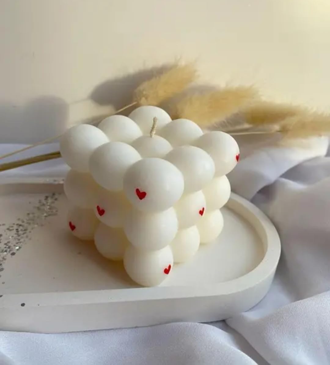 Bubble Cube Candle, White with Red Heart Details, Set of 2, Aesthetic Home Decor