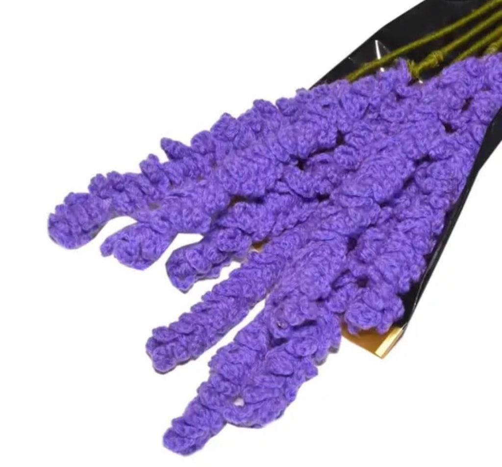 Artificial Lavender Bouquet, Purple Crochet Flowers, Gift Wrapped with Red Ribbon, Home Decor