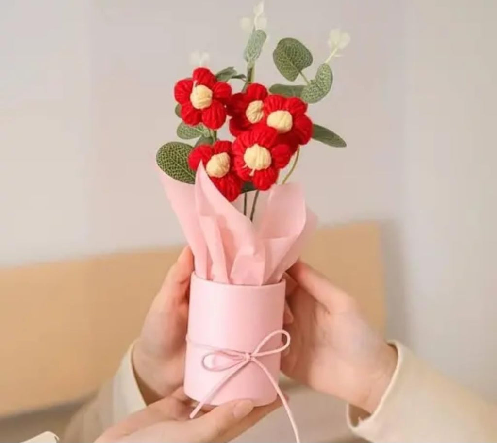 Artificial Red Flower Bouquet with Eucalyptus Leaves, Pink Wrapped Gift, Decorative Floral Arrangement