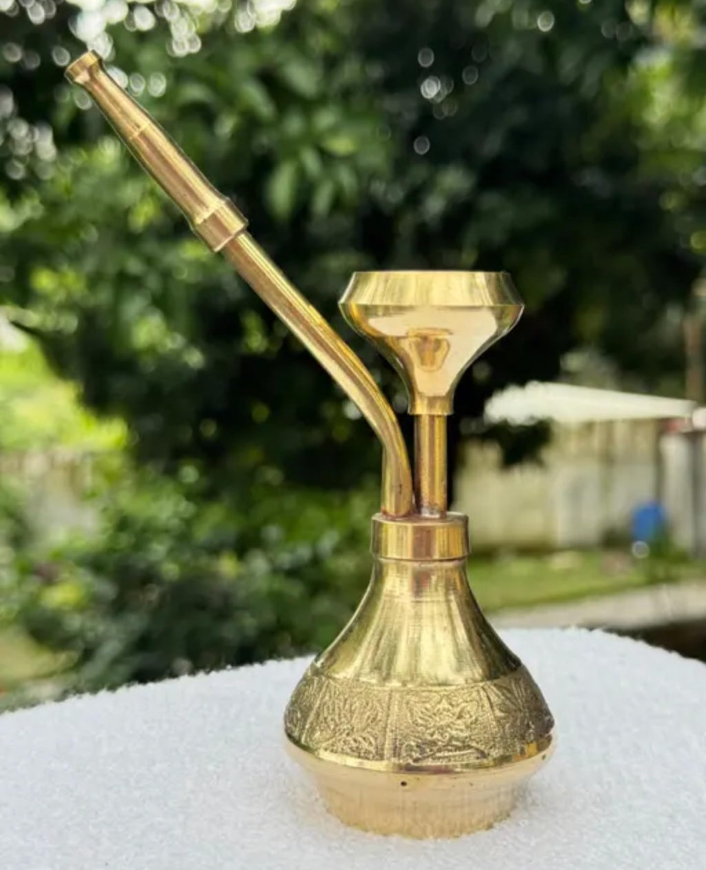 Decorative Brass Hookah with Ornate Base, Traditional Design, Gold Finish