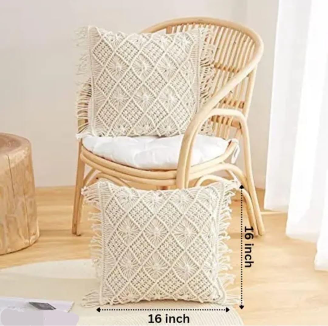 Macrame Throw Pillow Covers, Boho Cream Cotton Woven with Fringe Tassels
