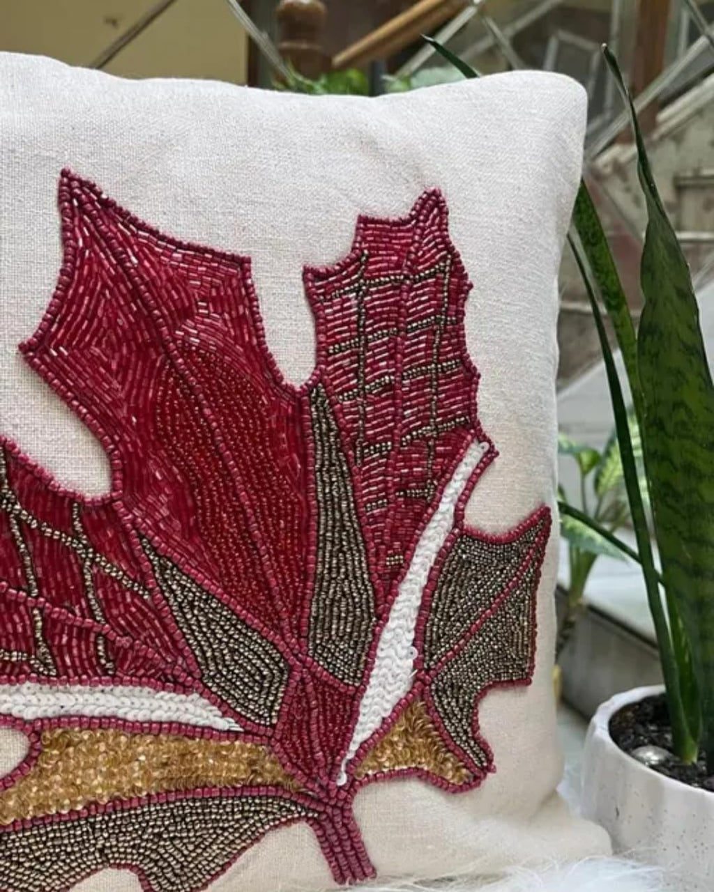 Beaded Maple Leaf Throw Pillow Cover, Ivory, Embroidered Botanical Design, Decorative Cushion