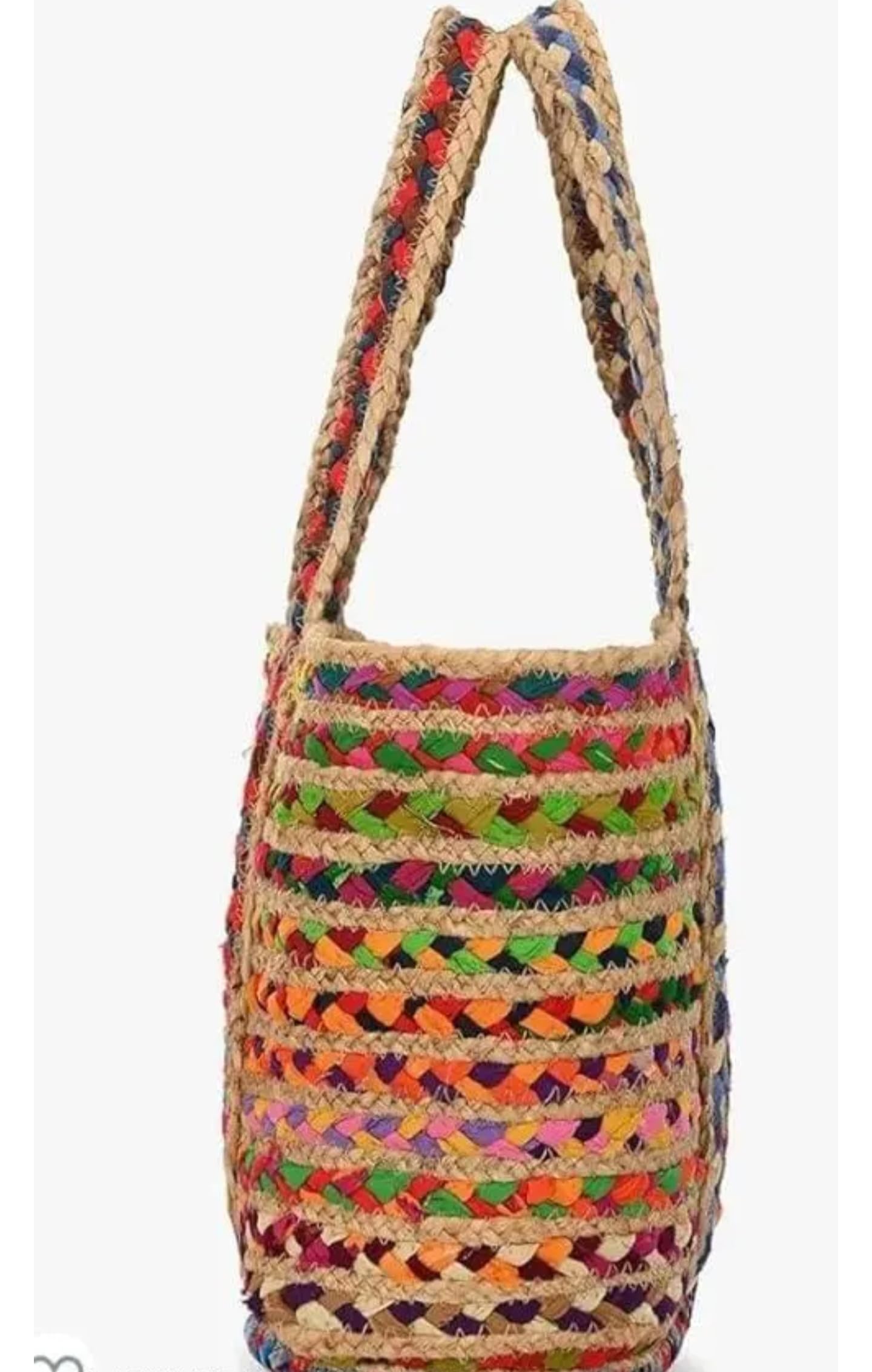 Handwoven Multicoloured Jute Tote Bag, Boho Chic Beach Bag, Rainbow Striped Pattern