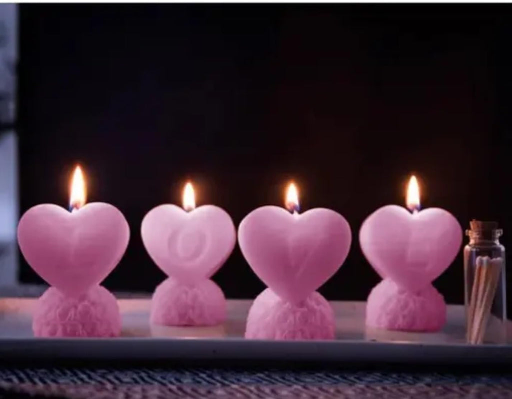 Heart shapped love candle,Pink Heart-Shaped LOVE Letter Decorative Ornaments with Rose Base, Set of 4, Valentine's Day Home Decor