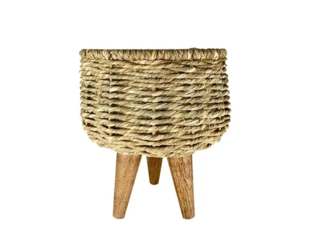 Woven Seagrass Plant Pot with Wooden Legs, Decorative Basket Planter for Monstera, Natural