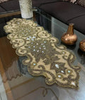 Beaded Table Runner, Gold, Ornate Scrollwork Design with Iridescent Gem Accents, Luxury Home Decor