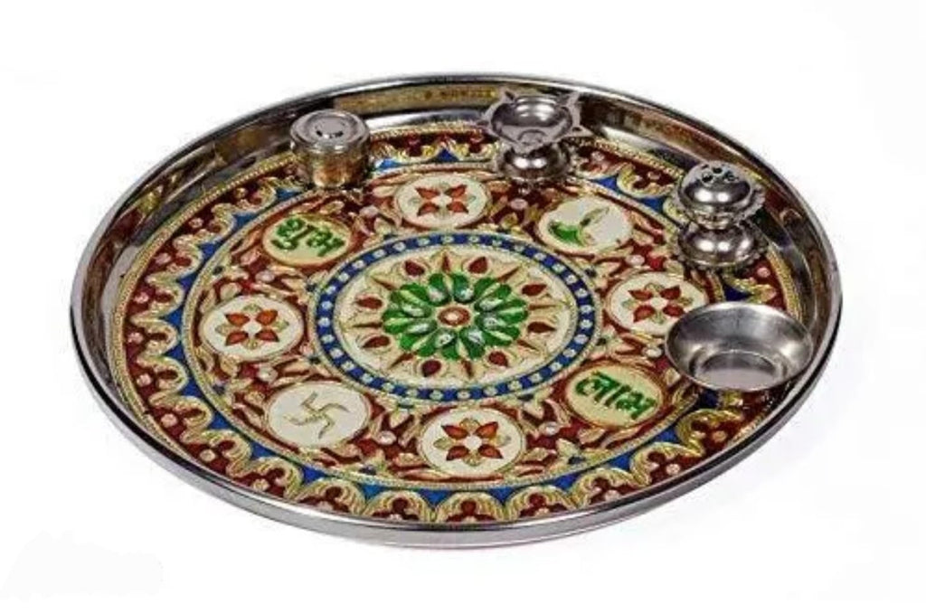 Pooja thali, round pooja thali set,Decorative Meenakari Wall Plate, Traditional Indian Handcrafted Design, Round Metal Platter with Gold, Red, Blue, Green Enamel Work