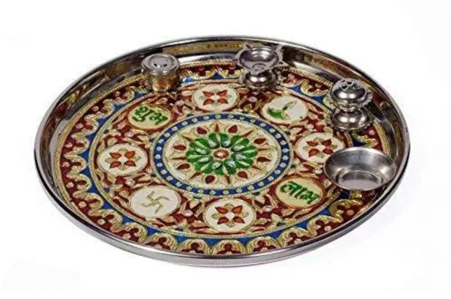 Pooja thali, round pooja thali set,Decorative Meenakari Wall Plate, Traditional Indian Handcrafted Design, Round Metal Platter with Gold, Red, Blue, Green Enamel Work
