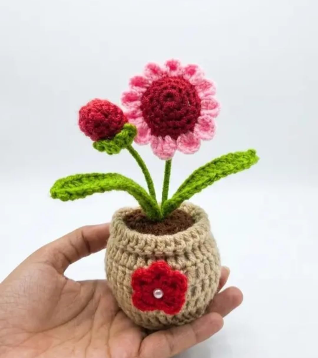 CraftyHands Crochet Flower Pot, Handmade Knitted Floral Decor, Pink and Red, Home Decoration