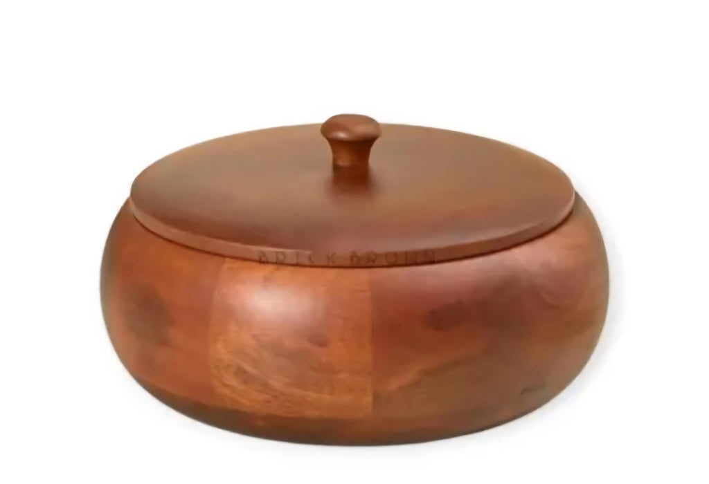 Wooden Bowl with Lid, Brown, Natural Wood, Round Shape, Storage Container
