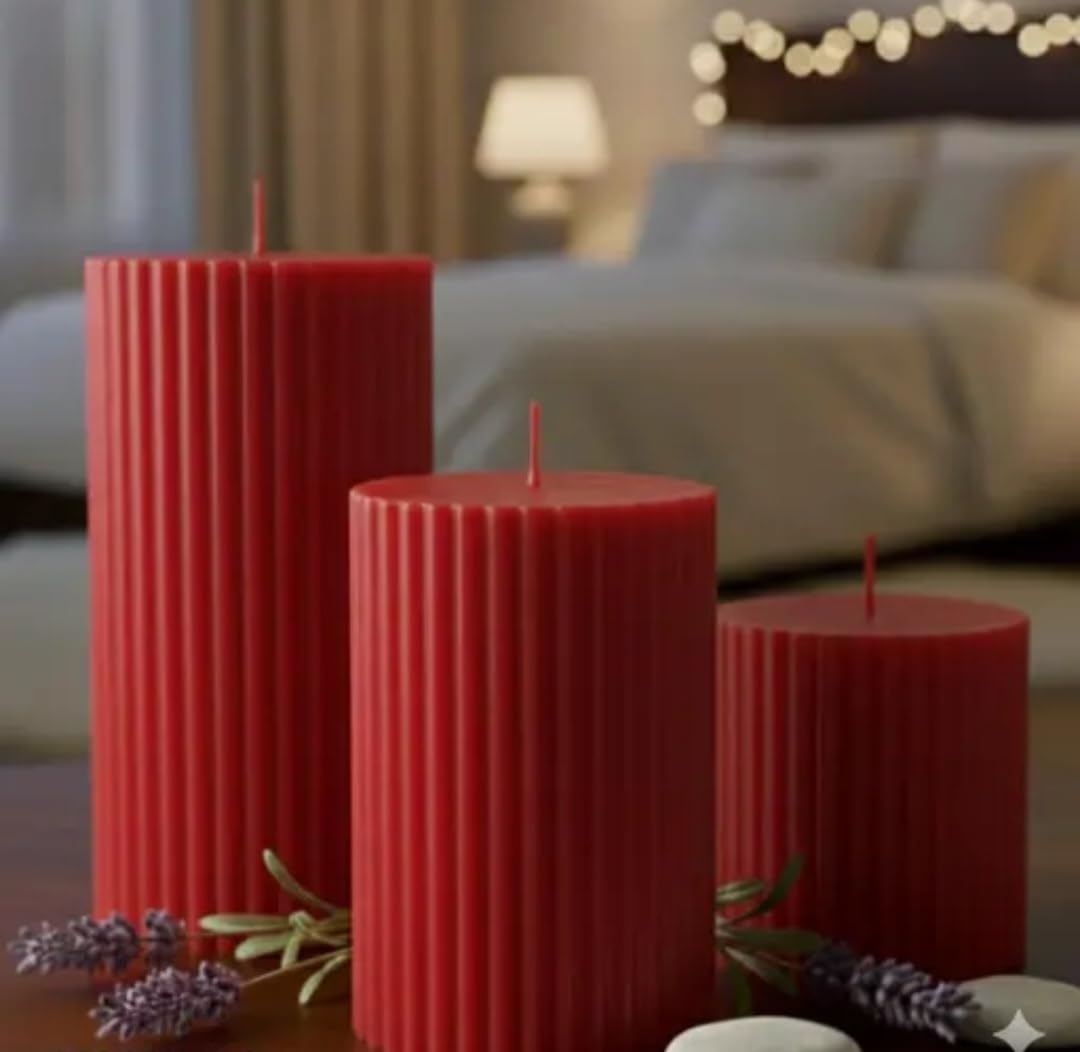 Ribbed Pillar Candles, Red, Set of 3, Decorative Home Decor, Unscented