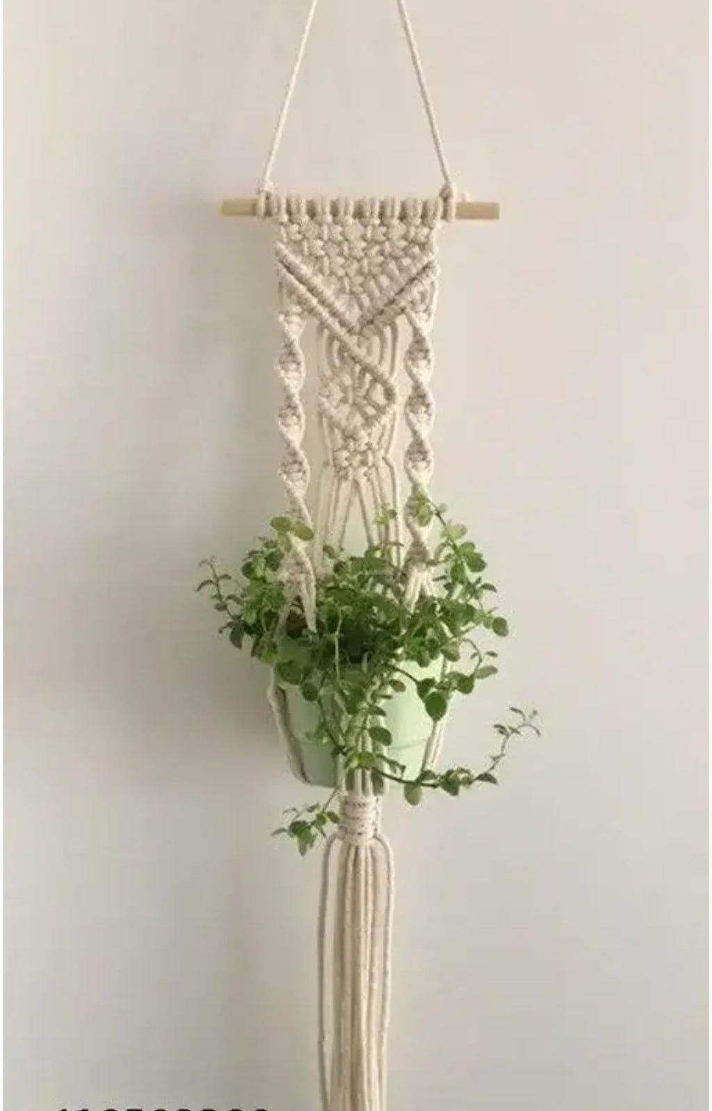 Macrame Plant Hanger, Handwoven Cotton Wall Hanging with Wooden Rod, Boho Home Decor, White