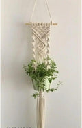 Macrame Plant Hanger, Handwoven Cotton Wall Hanging with Wooden Rod, Boho Home Decor, White