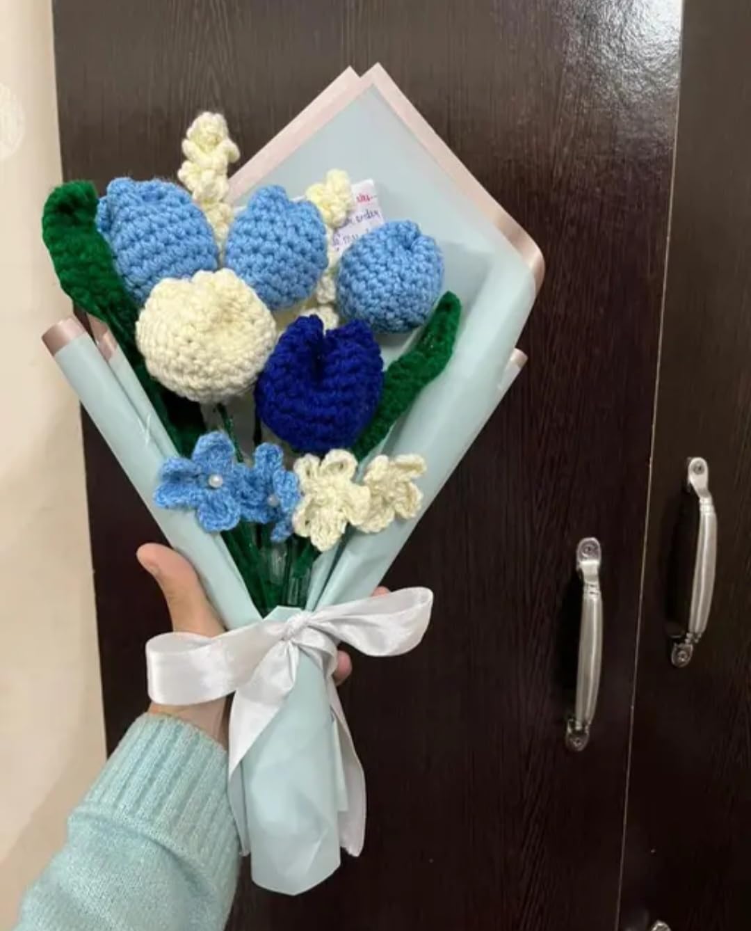 Handmade Crochet Flower Bouquet, Blue and Cream Tulips, Knitted Artificial Floral Gift
