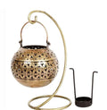 Decorative Hanging Lantern with Metal Stand, Floral Pattern, Antique Gold Finish