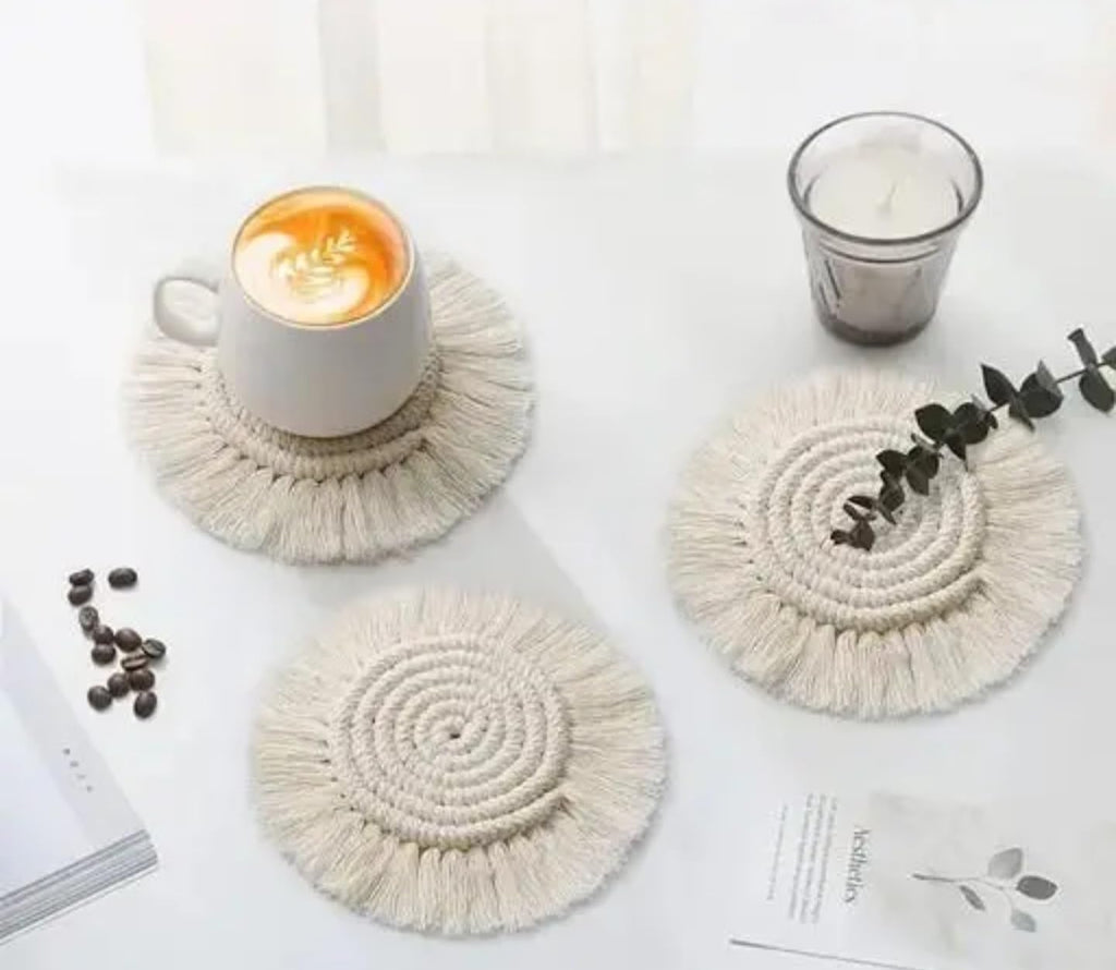 Macrame Cotton Coasters Set, Round Woven Design, Cream White, Pack of 4