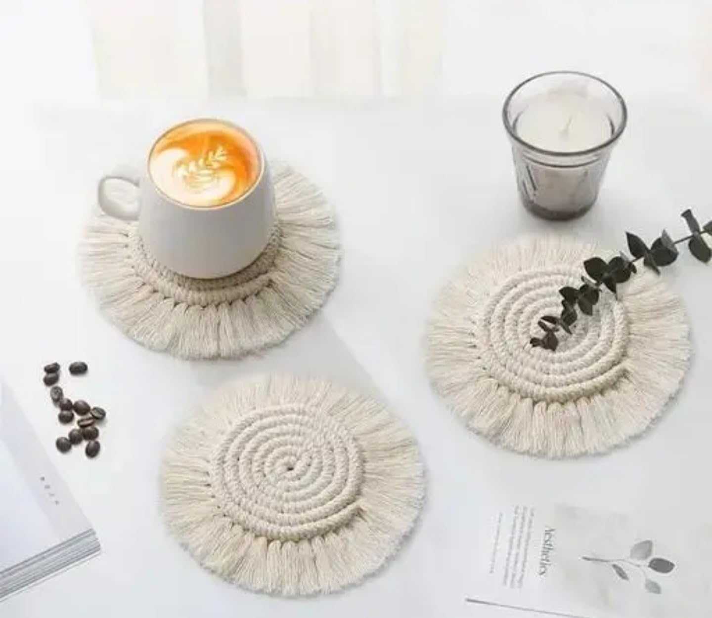 Macrame Cotton Coasters Set, Round Woven Design, Cream White, Pack of 4
