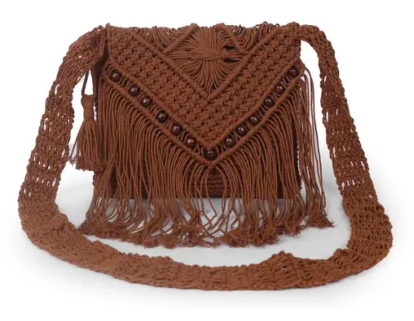 Handmade Macrame Crossbody Bag, Brown Cotton Rope, Bohemian Style with Fringe Detail