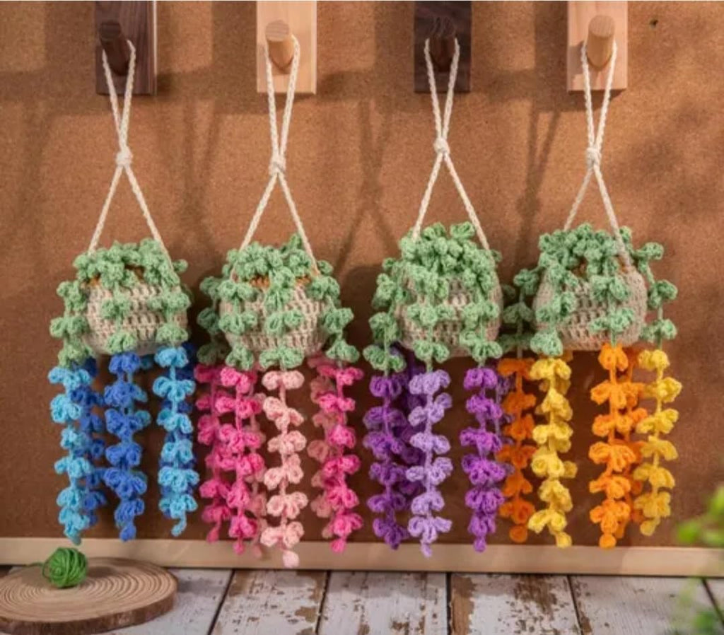 Handmade Crochet Hanging Plant, Green and Orange Yarn, Boho Home Decor, Faux Trailing Succulent, 1 piece