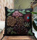 Beaded Floral Decorative Throw Pillow Cover, Black Background, Burgundy and Gold Flowers, Green Leaves