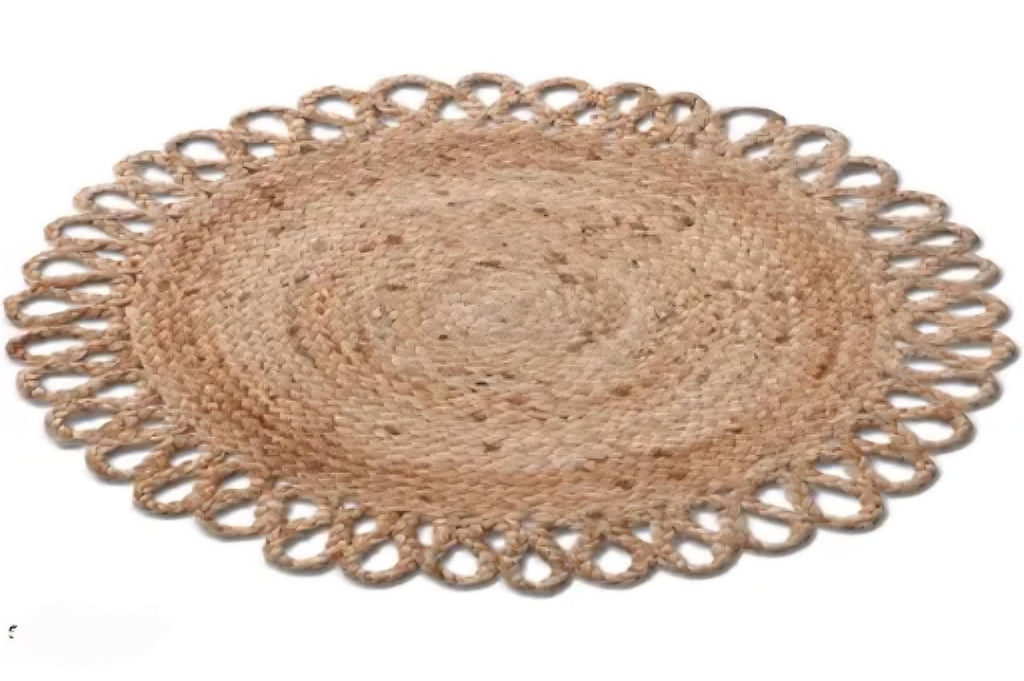 Round Jute Braided Area Rug, Natural Beige, Handwoven with Loop Border, Boho Style, for Living Room
