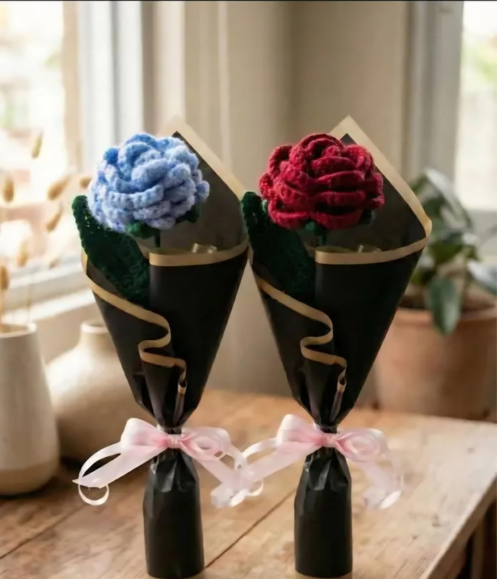 Handmade Crochet Rose Bouquet, Red Flower with Green Leaves, Black Wrapping with Pink Ribbon, Home Decor Gift