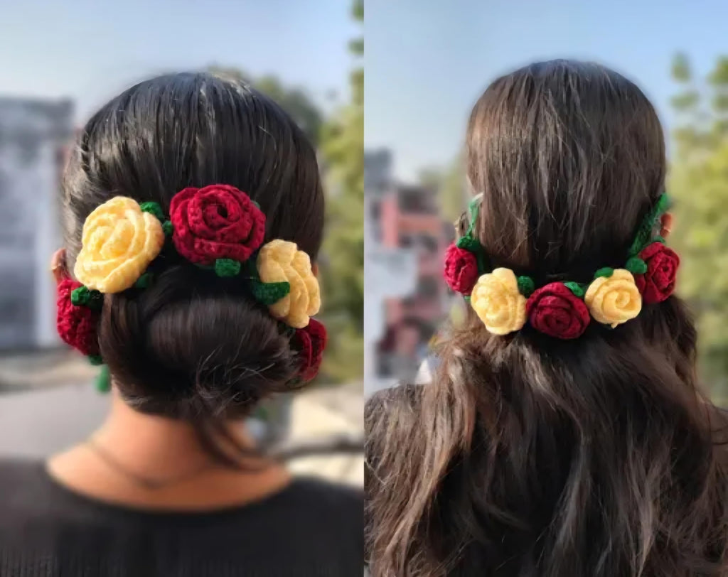 Crochet Rose Hair Accessories, Red and Cream Floral Bun Pins, Handmade Knit Flower Hair Clips