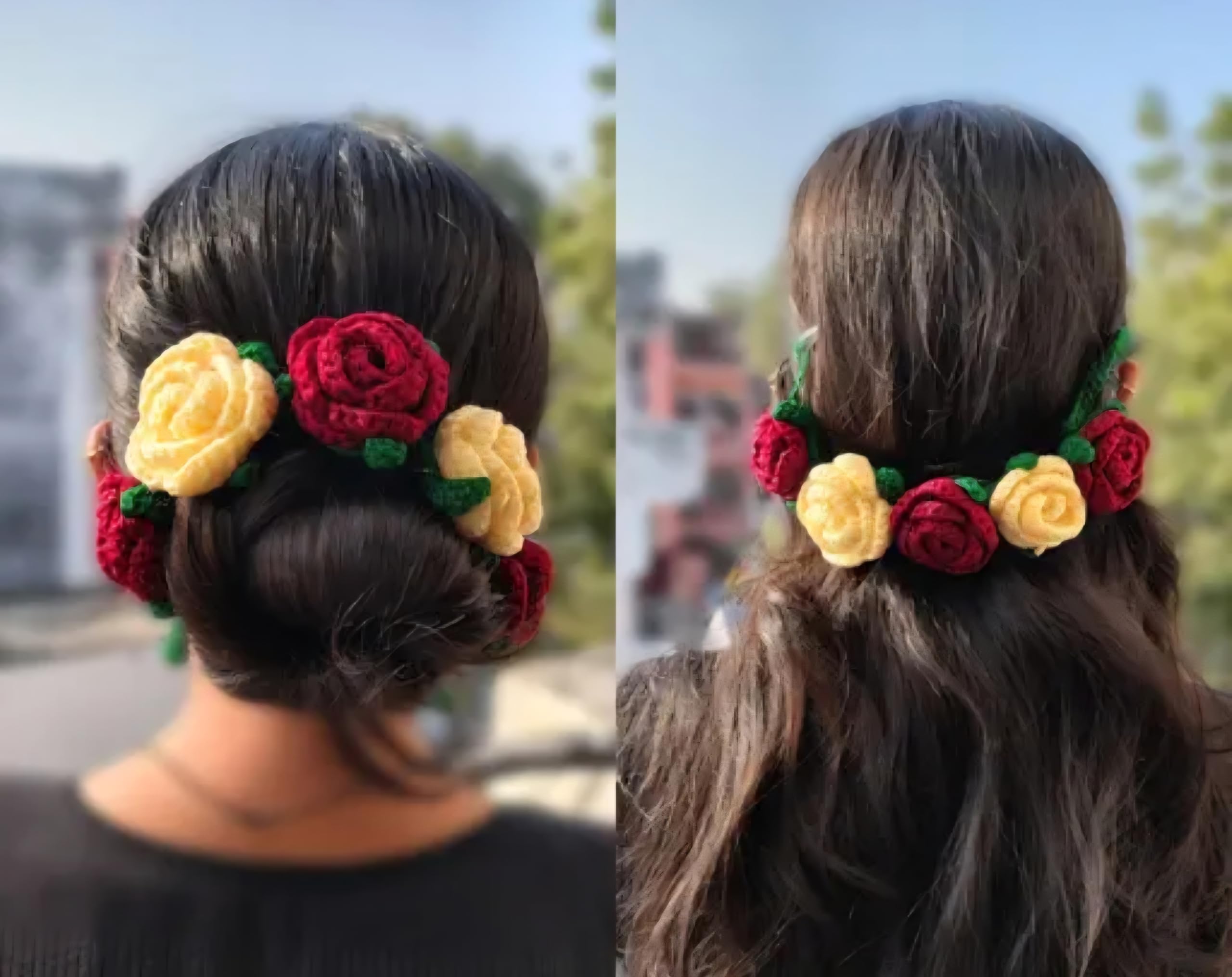 Crochet Rose Hair Accessories, Red and Cream Floral Bun Pins, Handmade Knit Flower Hair Clips