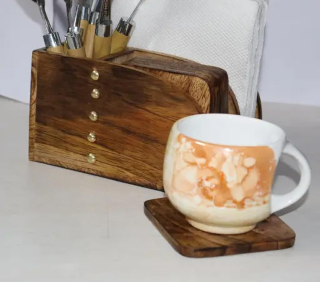 Wooden Cutlery Holder with Napkin Dispenser, Kitchen Utensil Organizer, Brown Wood, Desk Caddy
