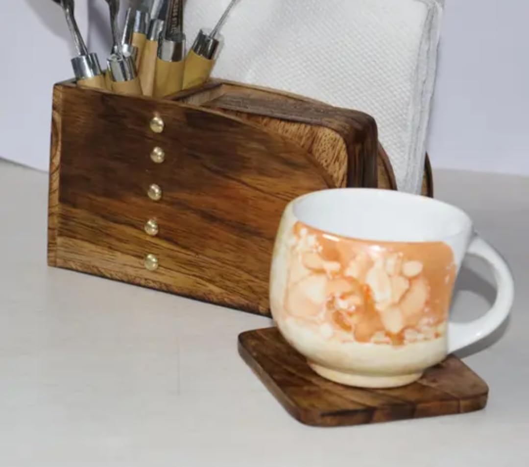 Wooden Cutlery Holder with Napkin Dispenser, Kitchen Utensil Organizer, Brown Wood, Desk Caddy