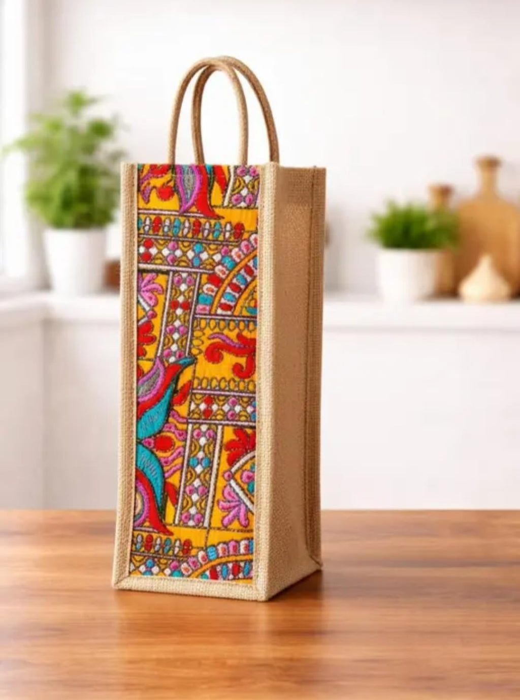 Jute Bottle Bag with Colorful Embroidered Floral Print, Reusable Tote with Rope Handles
