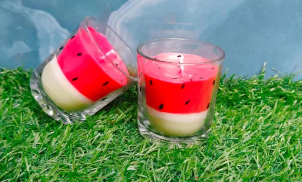 Watermelon Scented Candle in Glass, Fruit Shaped Decorative Votive, Red and Green