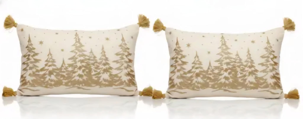 Christmas Tree Throw Pillow Cover Set of 2, Cream and Gold, Tassel Corners, Holiday Winter Decor