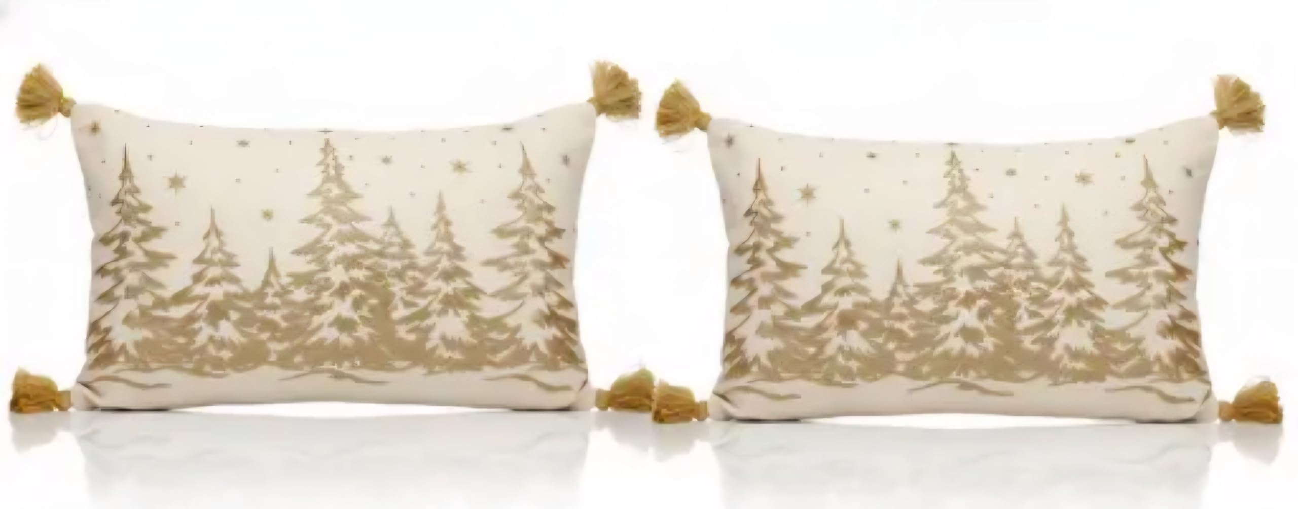 Christmas Tree Throw Pillow Cover Set of 2, Cream and Gold, Tassel Corners, Holiday Winter Decor