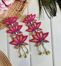 Embroidered Floral Earrings, Pink and Gold Lotus Design with Pearl Earrings