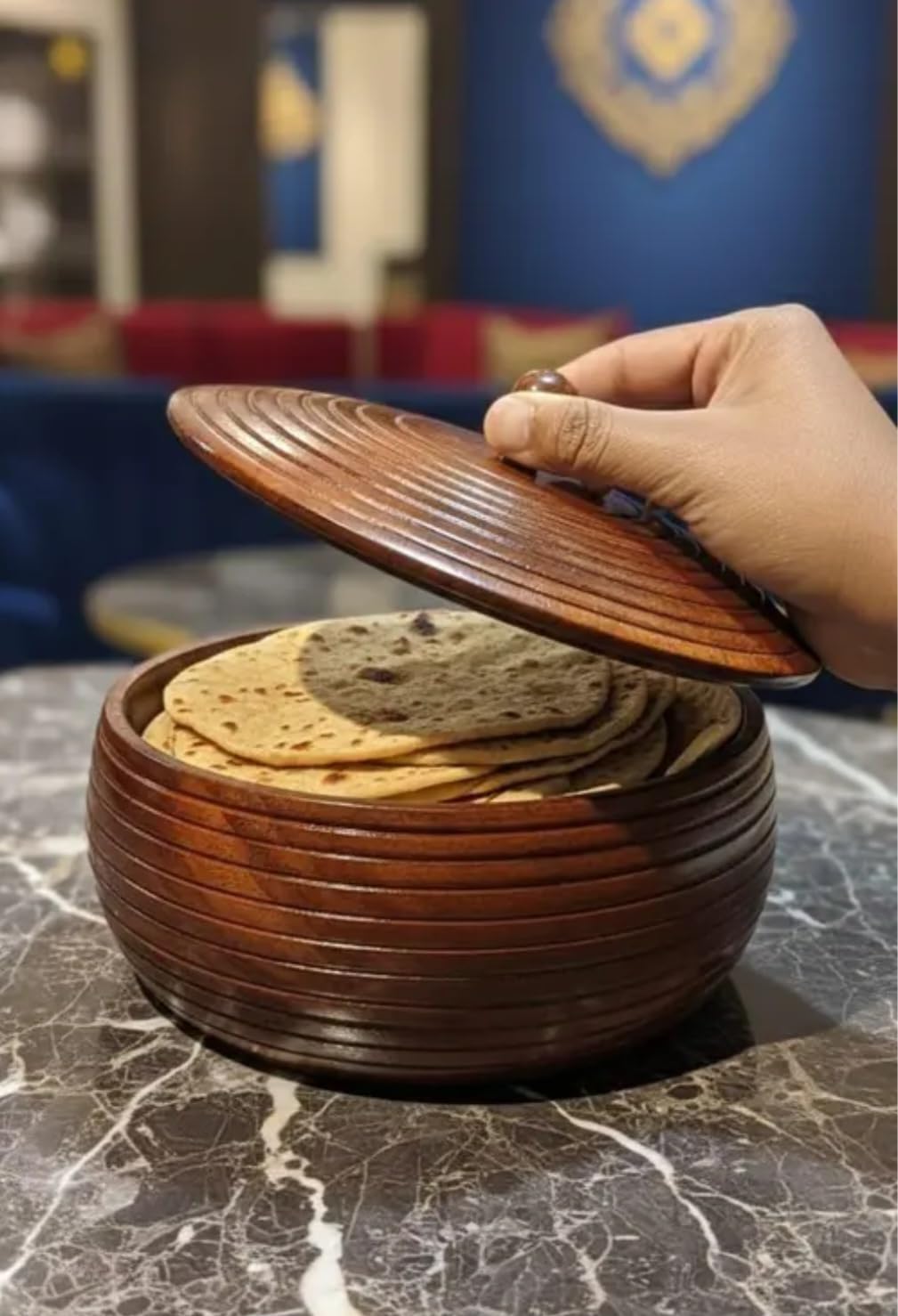 Wooden Bowl with Lid, Brown, Handcrafted Design, Ribbed Texture, Storage Container