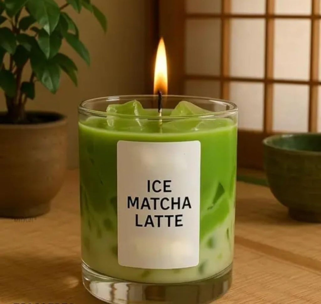 Ice Matcha Latte Candle, Green Tea Scented, Decorative Glass Jar with Realistic Design