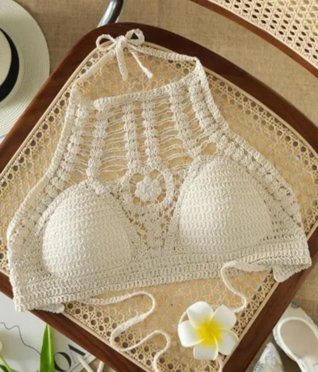 Crochet Halter Crop Top, Cream, Boho Beach Style, Tie Neck, Floral Detail