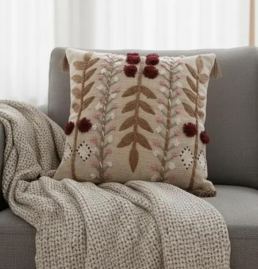 Handmade Boho Floral Embroidered Throw Pillow Cover, Beige, with Pom Pom and Tassel Detail, Decorative Cushion Cover