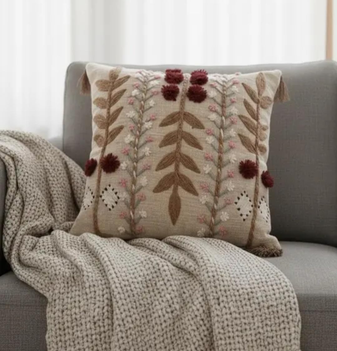 Handmade Boho Floral Embroidered Throw Pillow Cover, Beige, with Pom Pom and Tassel Detail, Decorative Cushion Cover