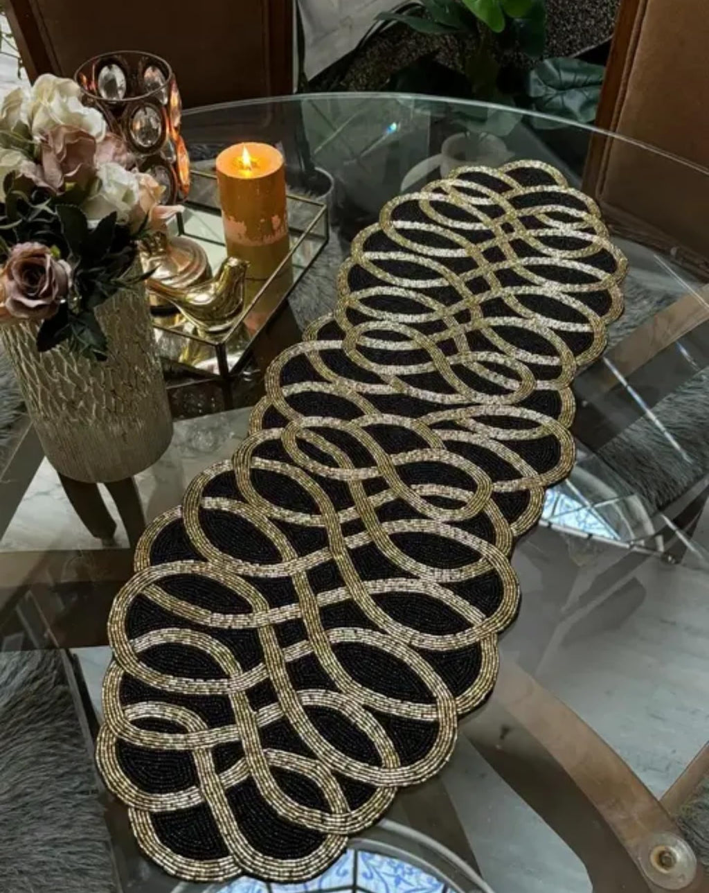 Decorative Handcrafted Table Runner, Black and Gold, Beaded Design, Oval Pattern, Elegant Home Decor