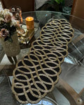 Decorative Handcrafted Table Runner, Black and Gold, Beaded Design, Oval Pattern, Elegant Home Decor