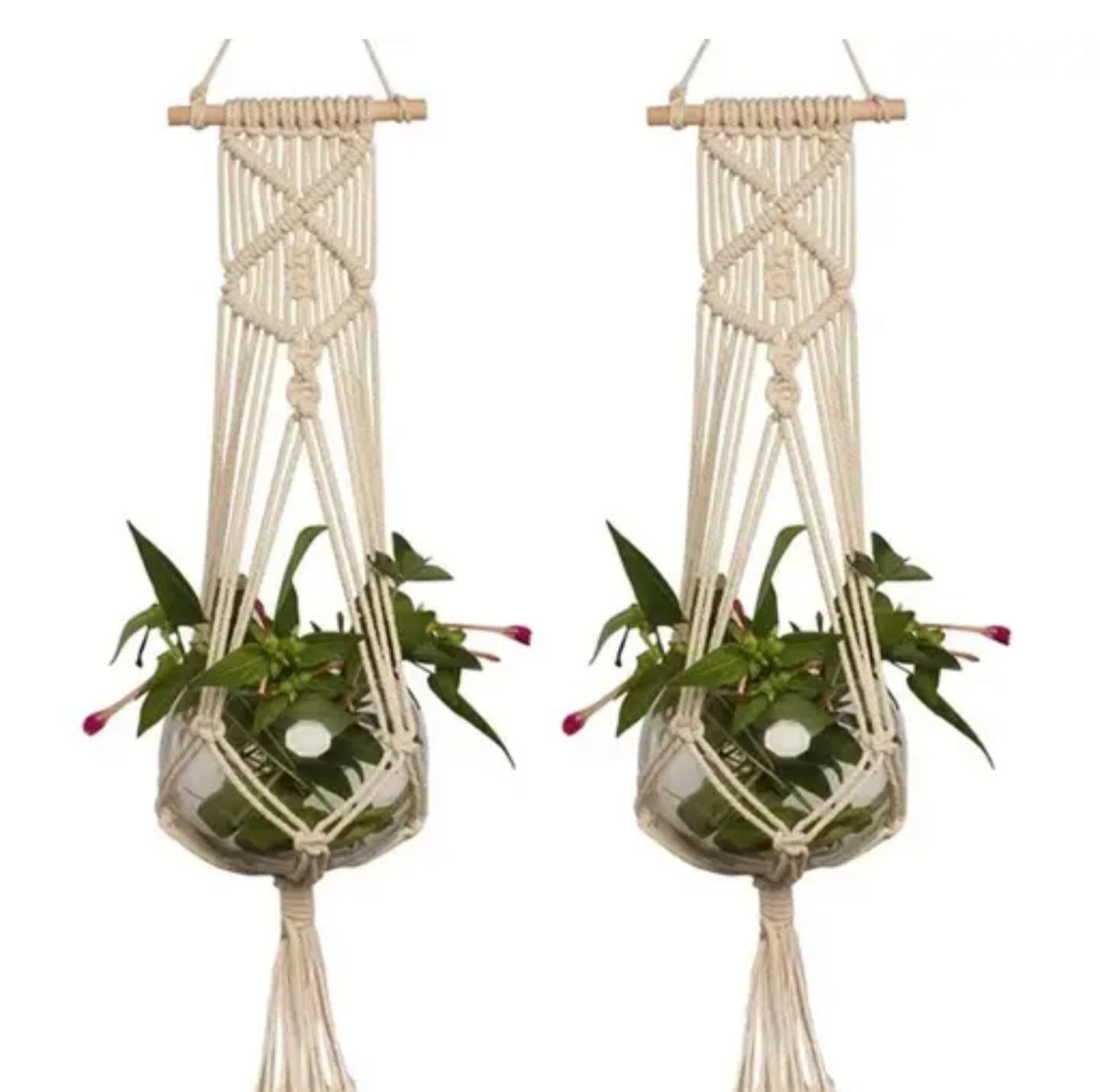 Macrame Plant Hanger, Handcrafted Cotton Rope, Hanging Planter with Wooden Rod, Beige